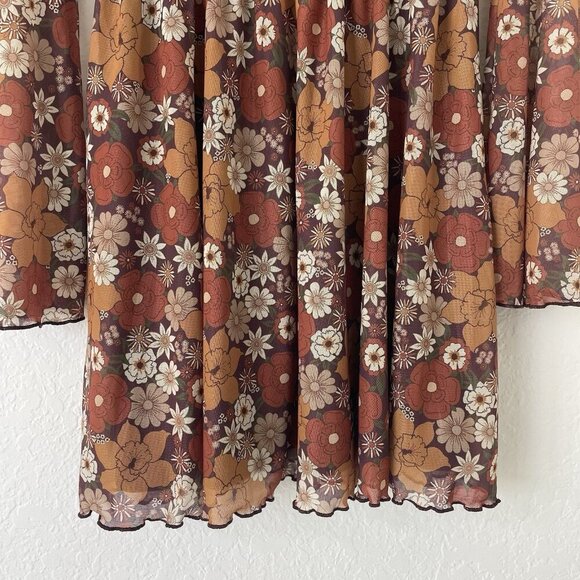 Womens Boho Milkmaid Dress Size M Brown Bell Sleeve Cottagecore Hippie Floral - Picture 6 of 16